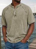 Herren Gewaschenes Denim-Look Henley Raglan Kurzarm Tee