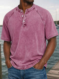 Herren Gewaschenes Denim-Look Henley Raglan Kurzarm Tee