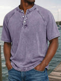 Herren Gewaschenes Denim-Look Henley Raglan Kurzarm Tee