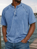 Herren Gewaschenes Denim-Look Henley Raglan Kurzarm Tee