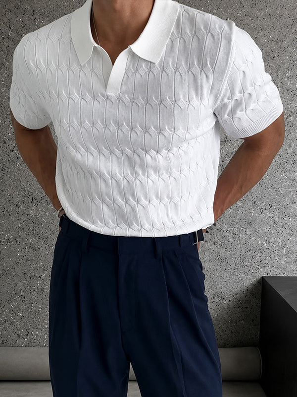 Strick-Poloshirt Kurzarm mit strukturiertem Zopfmuster