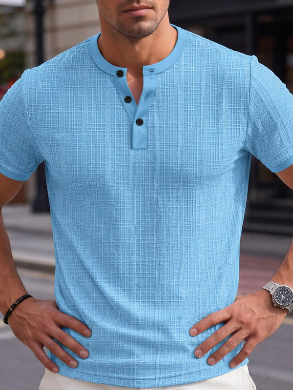 Stehkragen Strukturiertes Grid-Strick Casual T-Shirt