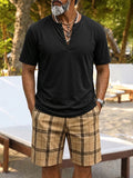 Herren Henley Oberteil & Karierte Shorts Set