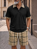 Herren Karo Poloshirt Shorts Set Kontrast-Kragen