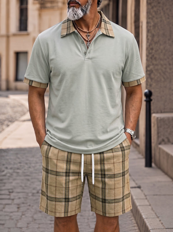Herren Karo Poloshirt Shorts Set Kontrast-Kragen