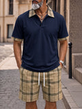 Herren Karo Poloshirt Shorts Set Kontrast-Kragen