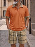 Herren Karo Poloshirt Shorts Set Kontrast-Kragen