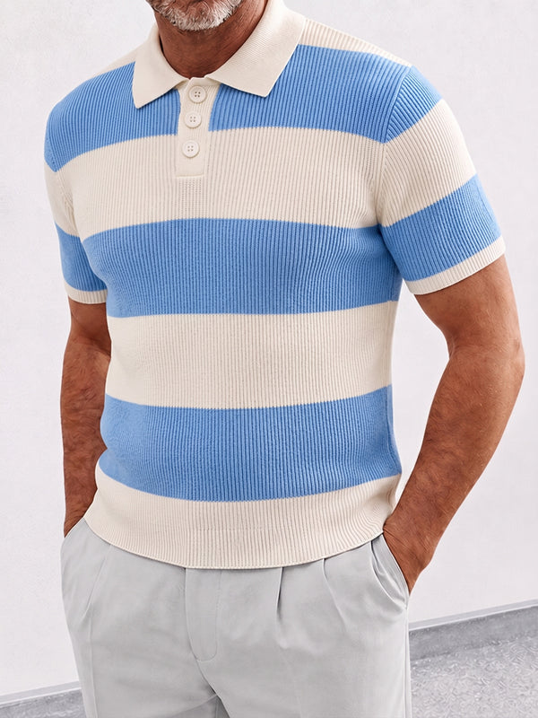 Herren gestreiftes Strick-Poloshirt Kurzarm mit gerippter Struktur
